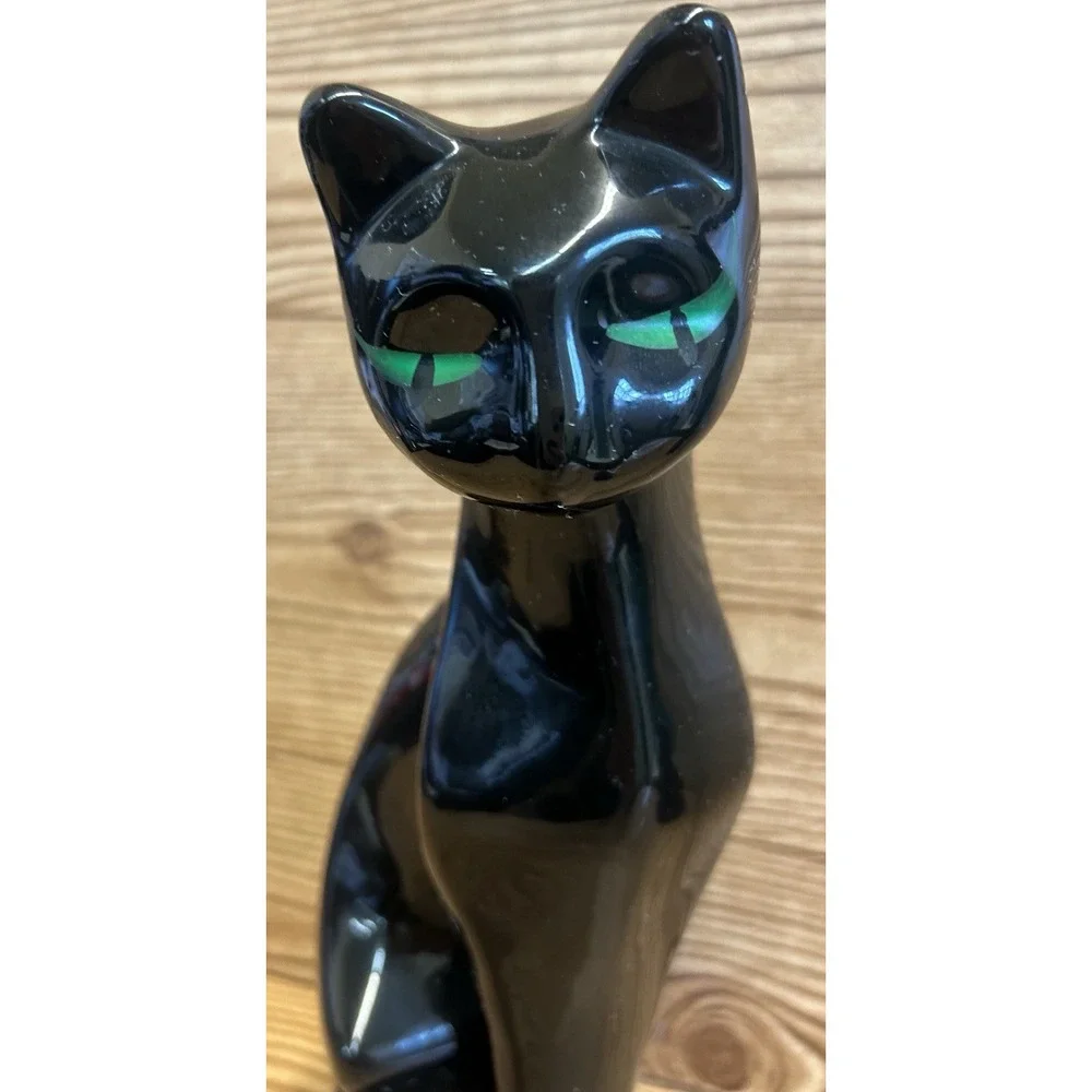 Vtg Black Cat Statue Green Eyes 11